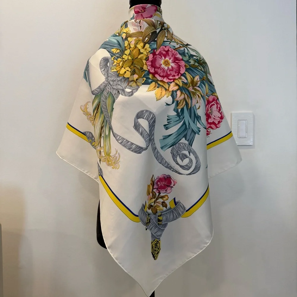 Hermes Floral Silk Scarf with Ribbon Design 35”